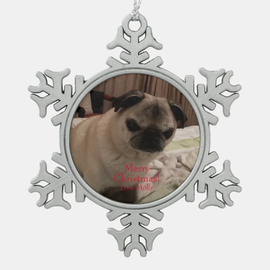 Merry Christmas Pug Plaats uw huisdier foto Tin Sneeuwvlok Ornament (Voorkant)