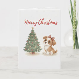 Merry Christmas Puppy Card Cute Dog with Tree Kaart