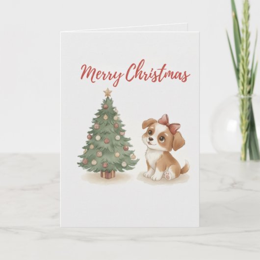 Merry Christmas Puppy Card Cute Dog with Tree Kaart (Voorkant)