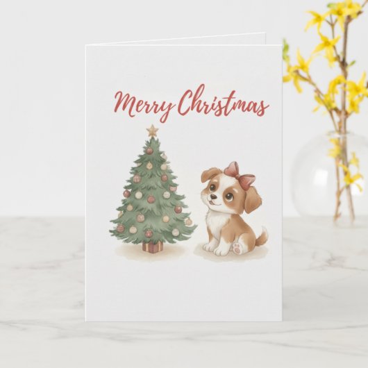 Merry Christmas Puppy Card Cute Dog with Tree Kaart (Gele Bloem)