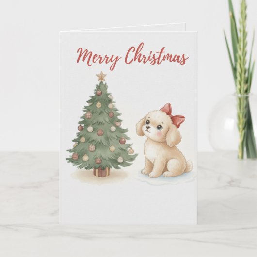 Merry Christmas Puppy Card Fluffy Dog with Tree Kaart (Voorkant)