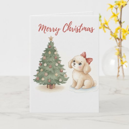 Merry Christmas Puppy Card Fluffy Dog with Tree Kaart (Gele Bloem)