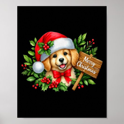 Merry Christmas Puppy Santa Hat Holly Sign Premium Poster (Voorkant)