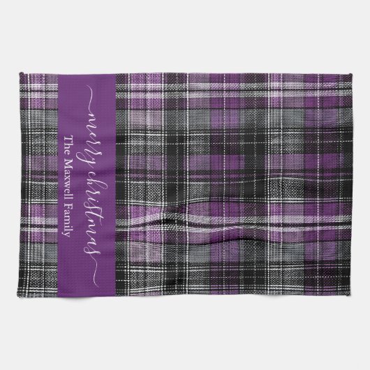 Merry Christmas purple tartan plaid script name Theedoek (Horizontaal)