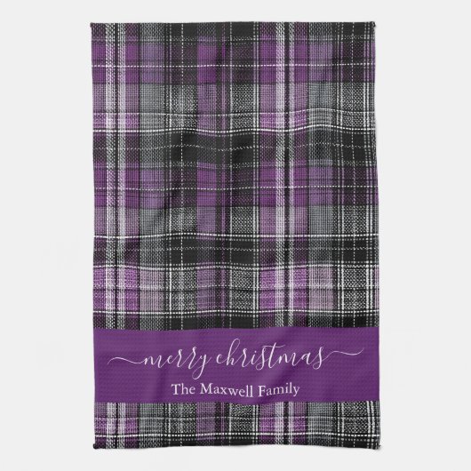 Merry Christmas purple tartan plaid script name Theedoek (Verticaal)