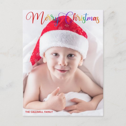Merry Christmas Rainbow Script Overlay Foto Feestdagenkaart (Voorkant)