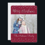 Merry Christmas Red and Silver Foil Stars Photo Feestdagenkaart<br><div class="desc">Merry Christmas Red,  Burgundy,  Marsala and Silver Foil Stars Photo Card. Het picture and Famy name can is replaced on the blue and silver Merry Christmas Card.</div>