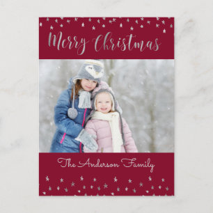 Merry Christmas Red and Silver Foil Stars Photo Feestdagenkaart