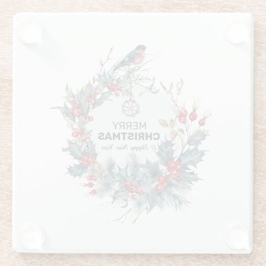 Merry Christmas-Red Berries & Bullfinch Glazen Onderzetter (Achterkant)