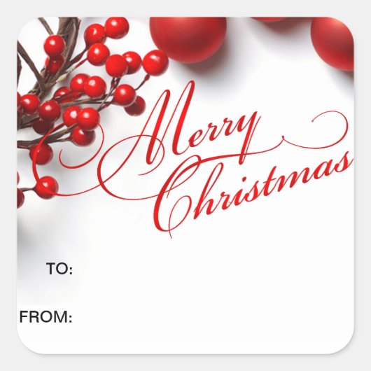 Merry Christmas Red Berries & Ornaments Vierkante Sticker (Voorkant)