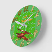 Merry Christmas Red Bi-plane on Green Circles Ronde Klok (Hoek)
