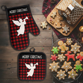 Merry Christmas Red & Black Buffalo Plaid Angel Ovenwant & Pannenlap Set