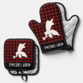 Merry Christmas Red & Black Buffalo Plaid Angel Ovenwant & Pannenlap Set (Voorkant / Achterkant)