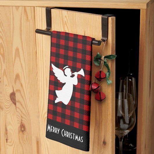 Merry Christmas Red & Black Buffalo Plaid Angel Theedoek