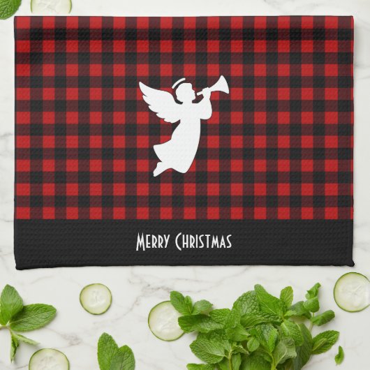 Merry Christmas Red & Black Buffalo Plaid Angel Theedoek (Gevouwen)