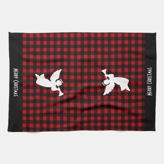 Merry Christmas Red & Black Buffalo Plaid Angel Theedoek (Horizontaal)