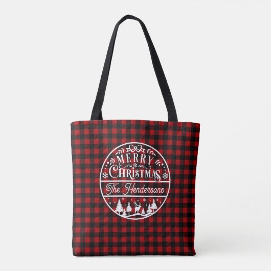 Merry Christmas Red & Black Buffalo Plaid Custom Tote Bag (Achterkant)