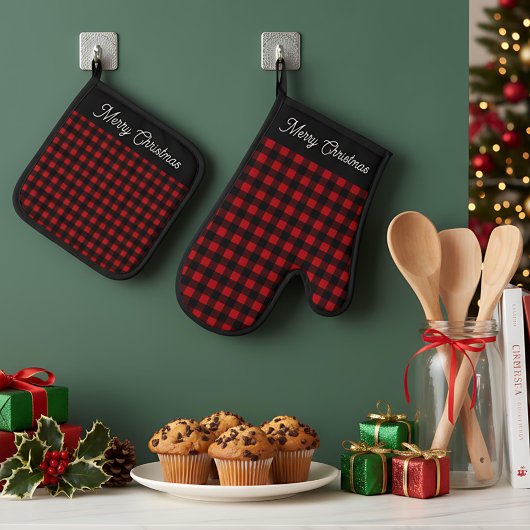 Merry Christmas Red & Black Buffalo Plaid Ovenwant & Pannenlap Set