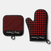 Merry Christmas Red & Black Buffalo Plaid Ovenwant & Pannenlap Set (Voorkant)