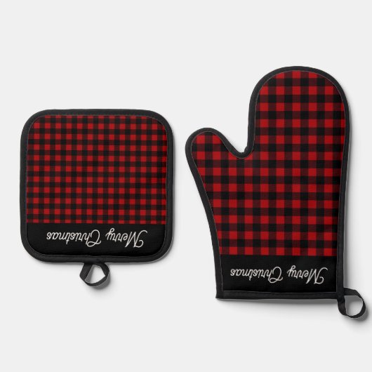 Merry Christmas Red & Black Buffalo Plaid Ovenwant & Pannenlap Set (Voorkant)
