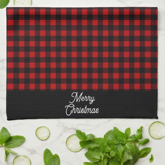 Merry Christmas Red & Black Buffalo Plaid Theedoek (Gevouwen)