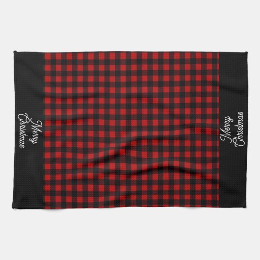 Merry Christmas Red & Black Buffalo Plaid Theedoek (Horizontaal)