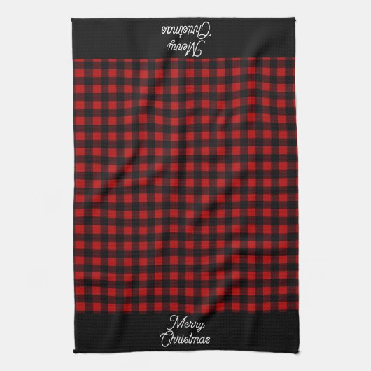 Merry Christmas Red & Black Buffalo Plaid Theedoek (Verticaal)