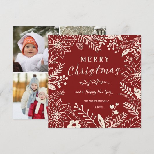 MERRY CHRISTMAS RED BOTANICAL SQUARE FOTO COLLAGE FEESTDAGENKAART (Voorkant / Achterkant)