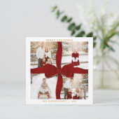 Merry Christmas Red Bow 4 Photo Holiday Card Feestdagenkaart (Staand voorkant)