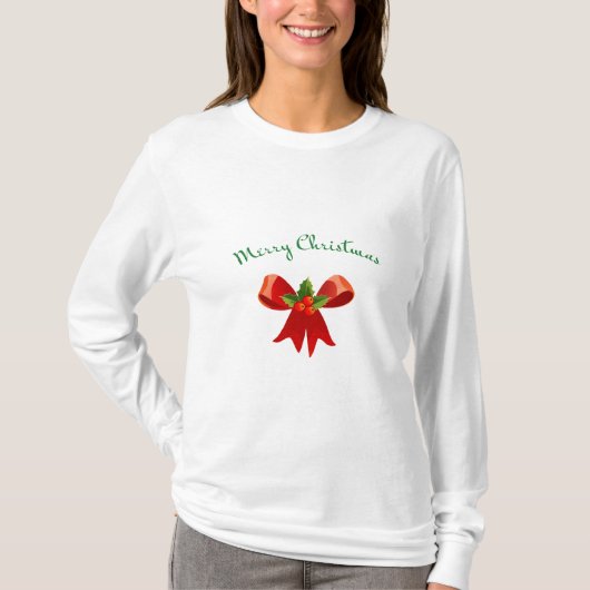 MERRY CHRISTMAS Red Bow met Holly Festive Modern T-shirt (Voorkant)
