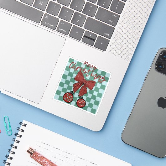 Merry Christmas Red Bow Ornaments Design Sticker (Laptop met iPhone)
