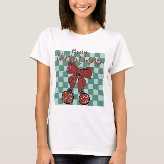 Merry Christmas Red Bow Ornaments Design T-shirt (Voorkant)