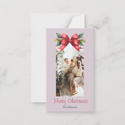Merry Christmas Red Bow Personalized Photo Card Notitiekaartje (Voorkant)