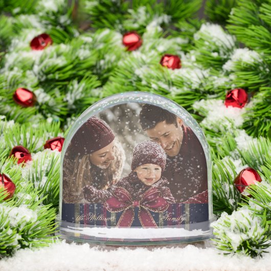 Merry Christmas Red Bow Plaid Classic Photo Sneeuwbol (Kerstmis)