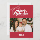Merry Christmas red bow retro photo card Feestdagenkaart (Voorkant)