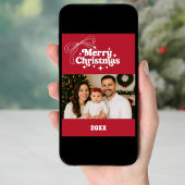 Merry Christmas red bow retro photo card Feestdagenkaart