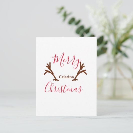 Merry Christmas red brown reindeer horn holiday te Briefkaart (Staand voorkant)