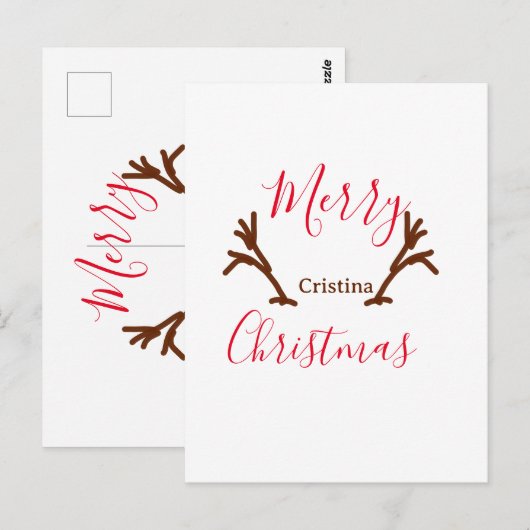Merry Christmas red brown reindeer horn holiday te Briefkaart (Voorkant / Achterkant)