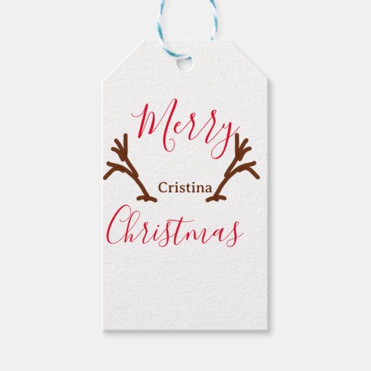 Merry Christmas red brown reindeer horn holiday te Cadeaulabel (Voorkant)