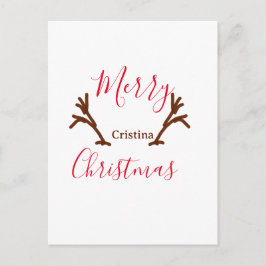 Merry Christmas red brown reindeer horn holiday te Feestdagenkaart