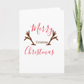 Merry Christmas red brown reindeer horn holiday te Kaart (Voorkant)