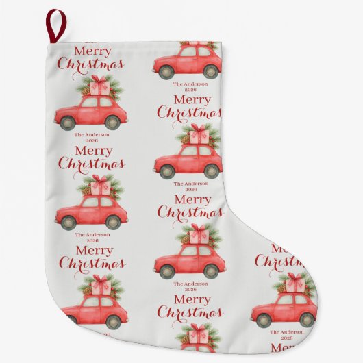 Merry Christmas Red Car – Personalized Holiday Grote Kerstsok (Voorkant)