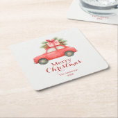 Merry Christmas Red Car – Personalized Holiday Kartonnen Onderzetters (Schuin)