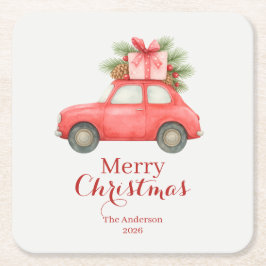 Merry Christmas Red Car – Personalized Holiday Kartonnen Onderzetters