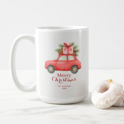 Merry Christmas Red Car – Personalized Holiday  Koffiemok (Met donut)