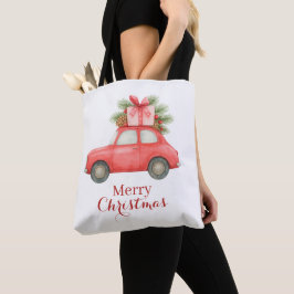 Merry Christmas Red Car – Personalized Holiday Tote Bag