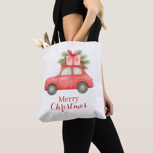 Merry Christmas Red Car – Personalized Holiday  Tote Bag (Dichtbij)