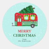 Merry Christmas Red Caravan Christmas Tree Custom Ronde Sticker (Voorkant)
