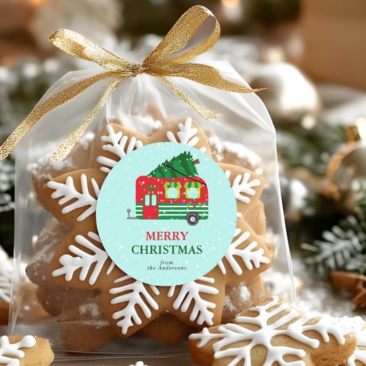 Merry Christmas Red Caravan Christmas Tree Custom Ronde Sticker
