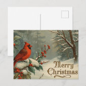 Merry Christmas Red Cardinal and Winter Berries  Feestdagenkaart (Voorkant / Achterkant)